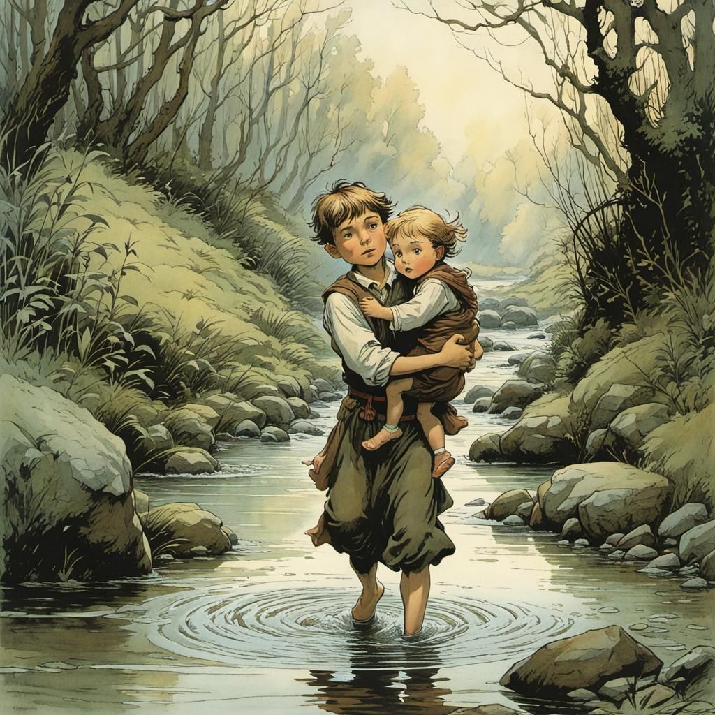 Brother and Sister Wading Through Stream Illustration