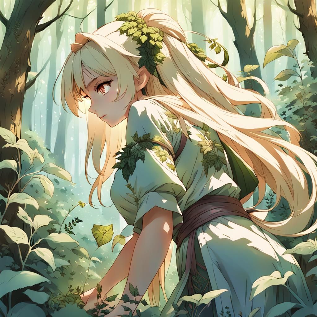 Renaissance Anime Woman Gathering Herbs in Forest