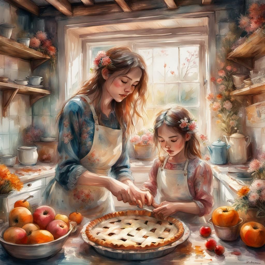 Mother and Daughter Baking Pie: Watercolor Cottagecore Art