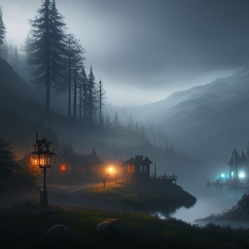 Misty Mountain Town in Realistic Dark Fantasy Style