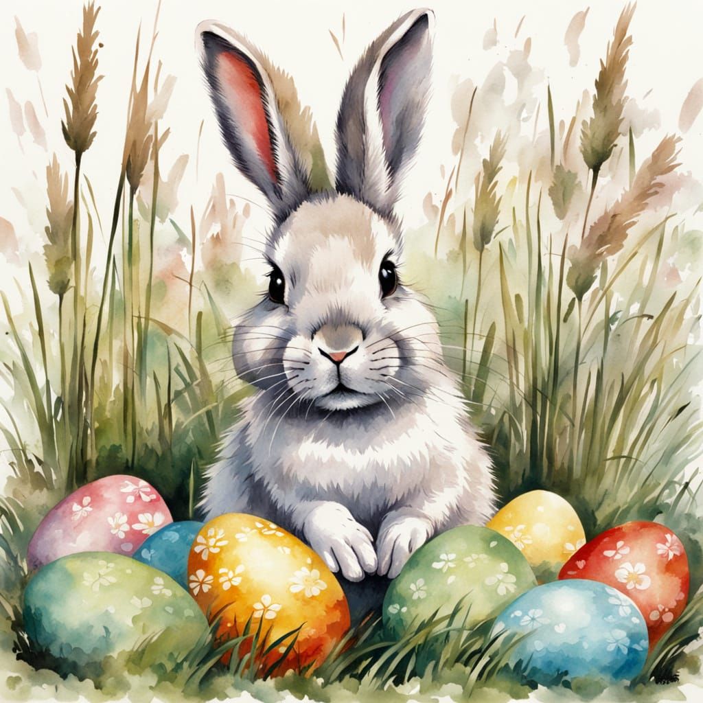 Easter Bunny in Whimsical Chinese Ink Painting