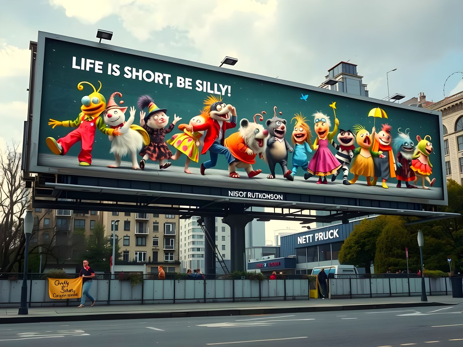 Vibrant City Billboard of Dancing Whimsical Creatures