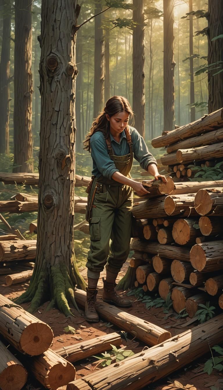 Girl Building a Cozy Log Cabin in Woods: Concept Art