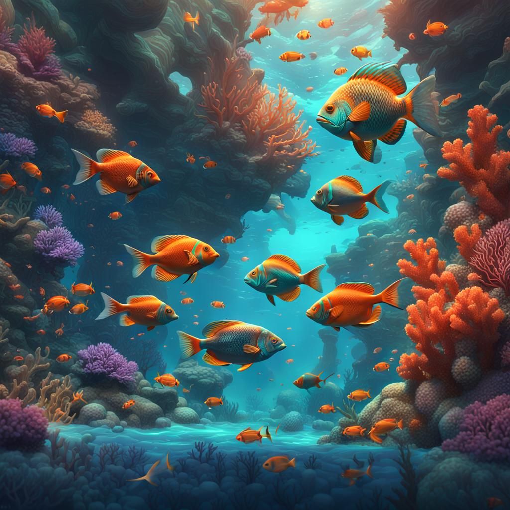 Coral Reef Fish in Ocean, Art Nouveau Style