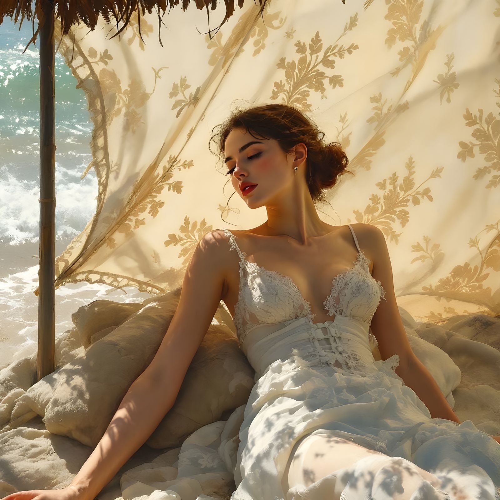 French Beach Figure in Painterly Realism Style