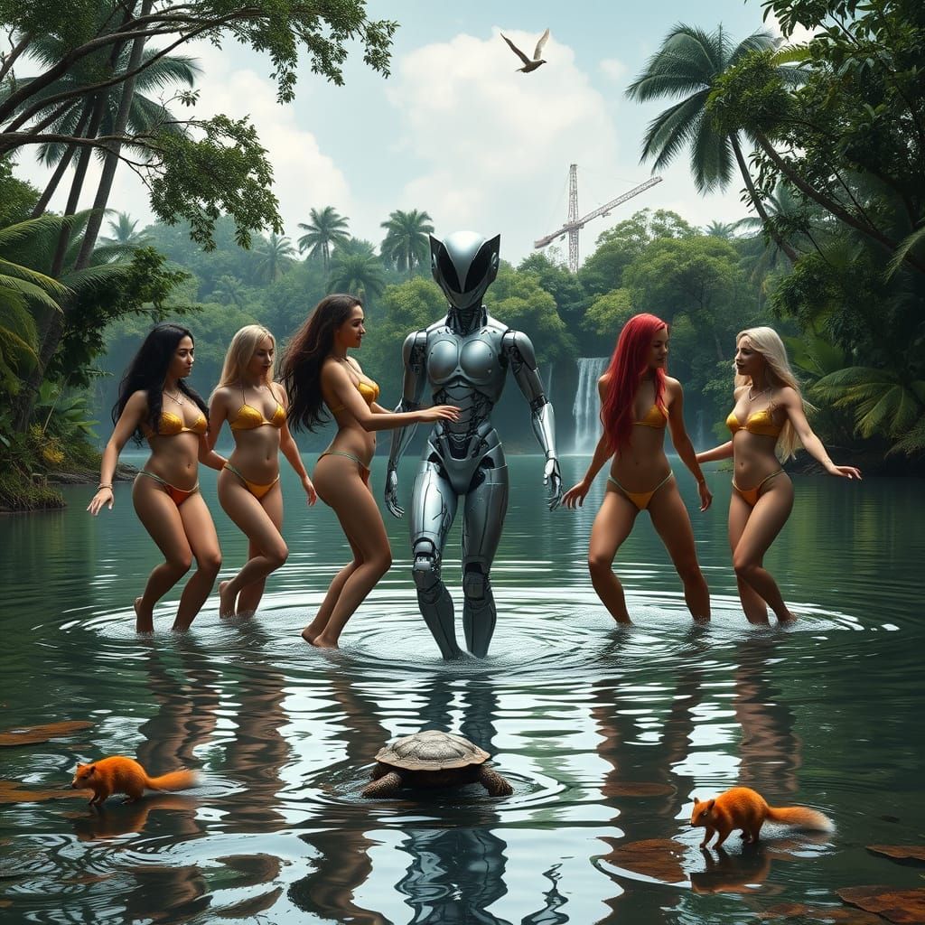 Golden Goddesses Dance with Robot in Tropical Paradise