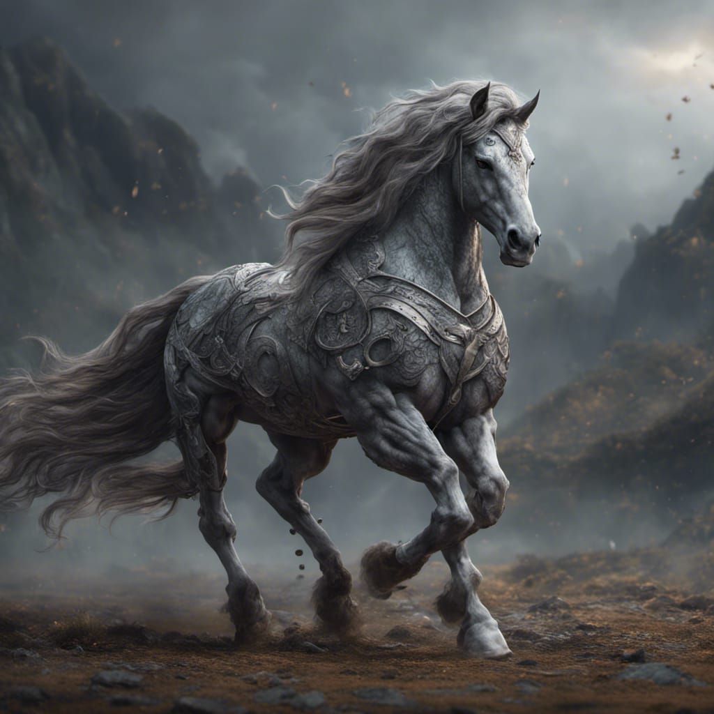 Grey Sleipnir with Long Mane: Detailed Matte Painting