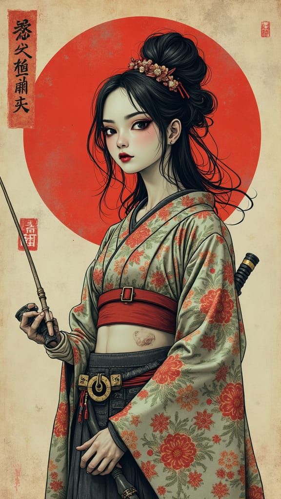 Surreal Sci-Fi Horror Comedy Samurai and Geisha Illustration