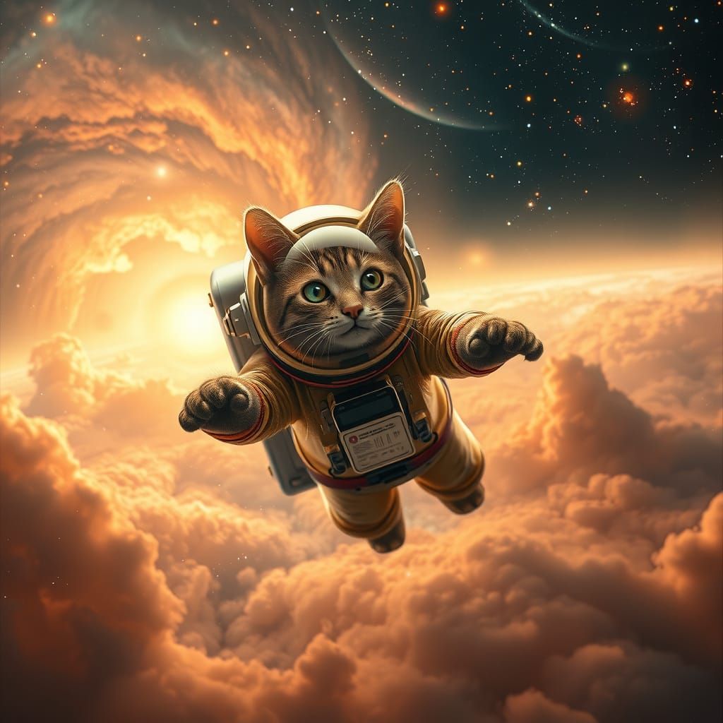 Astronaut Cat Poses in Vibrant Nebula
