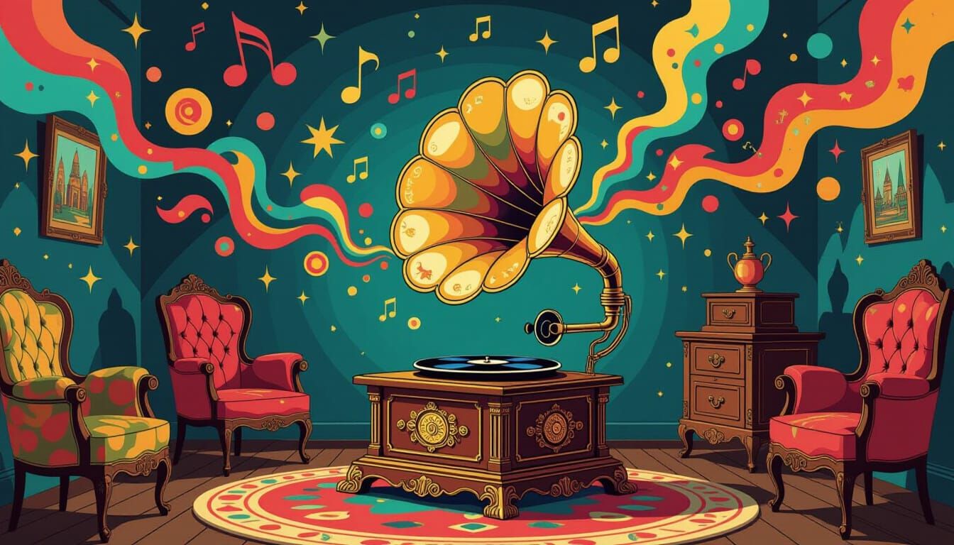 Vintage Gramophone Emits Abstract Music Shapes in Pop Art St...
