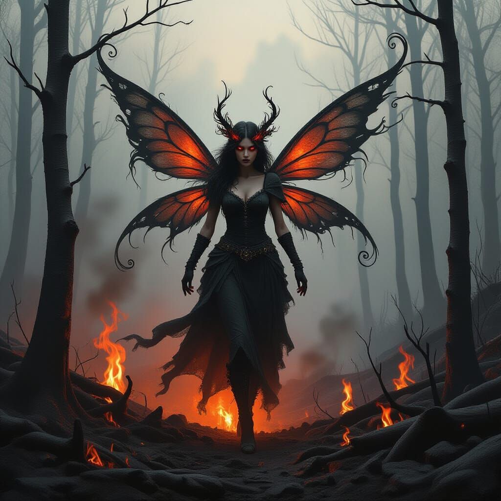 Smoke Fairy Rising from Charred Forest, Surreal Art