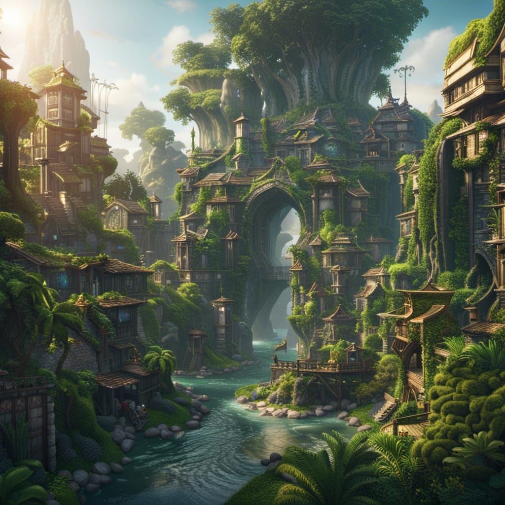 Lush Jungle City with River: Fantasy Concept Art