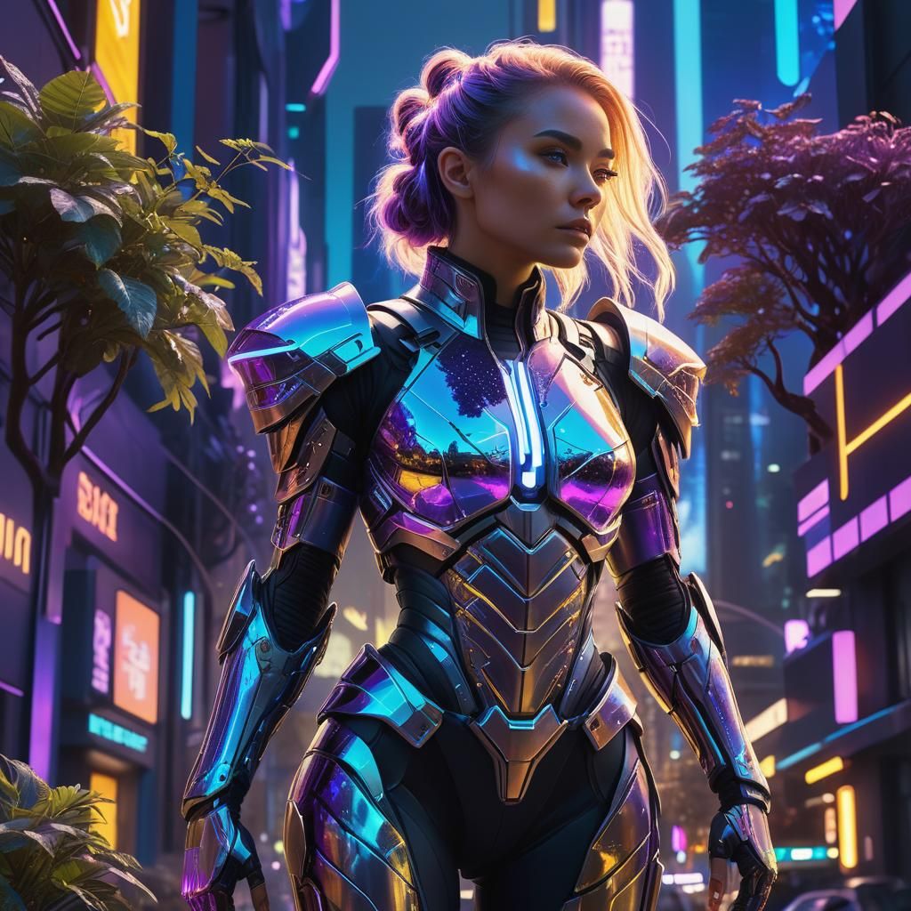 Sci-Fi Girl in Neon Noir Futuristic Cityscape
