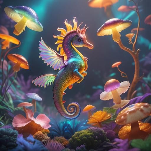 Rainbow Seahorse Flies Through Alien Landscape
