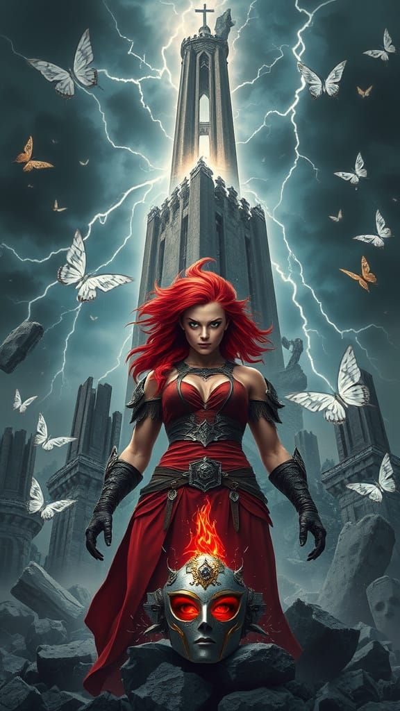 Victorious Woman Amidst Storm and Shattered Tower