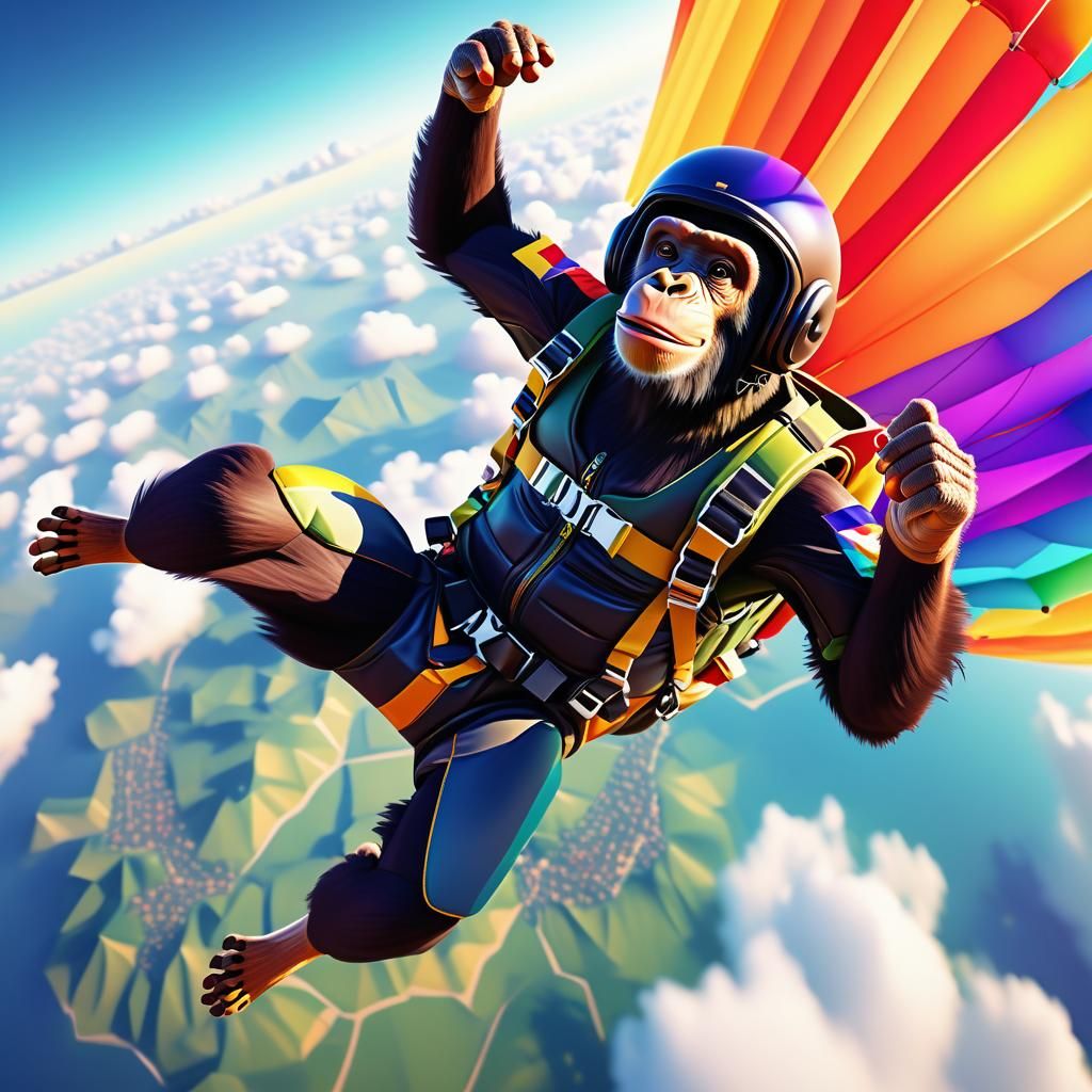 Skydiving Chimp in Low-Poly 3D Style