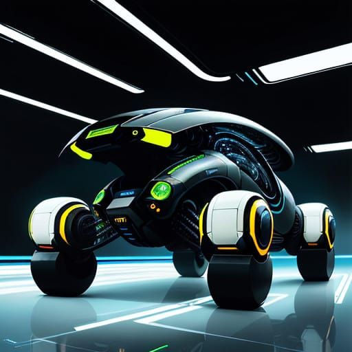 Futuristic Scientist Stands Beside Robotic Beetle Vehicle