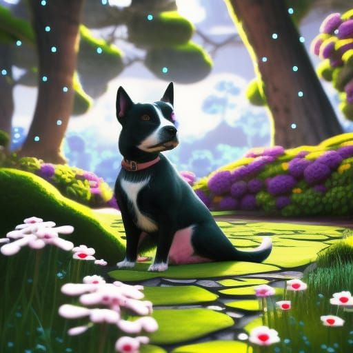 Cute Dog in Teacup Garden: Fantasy Art