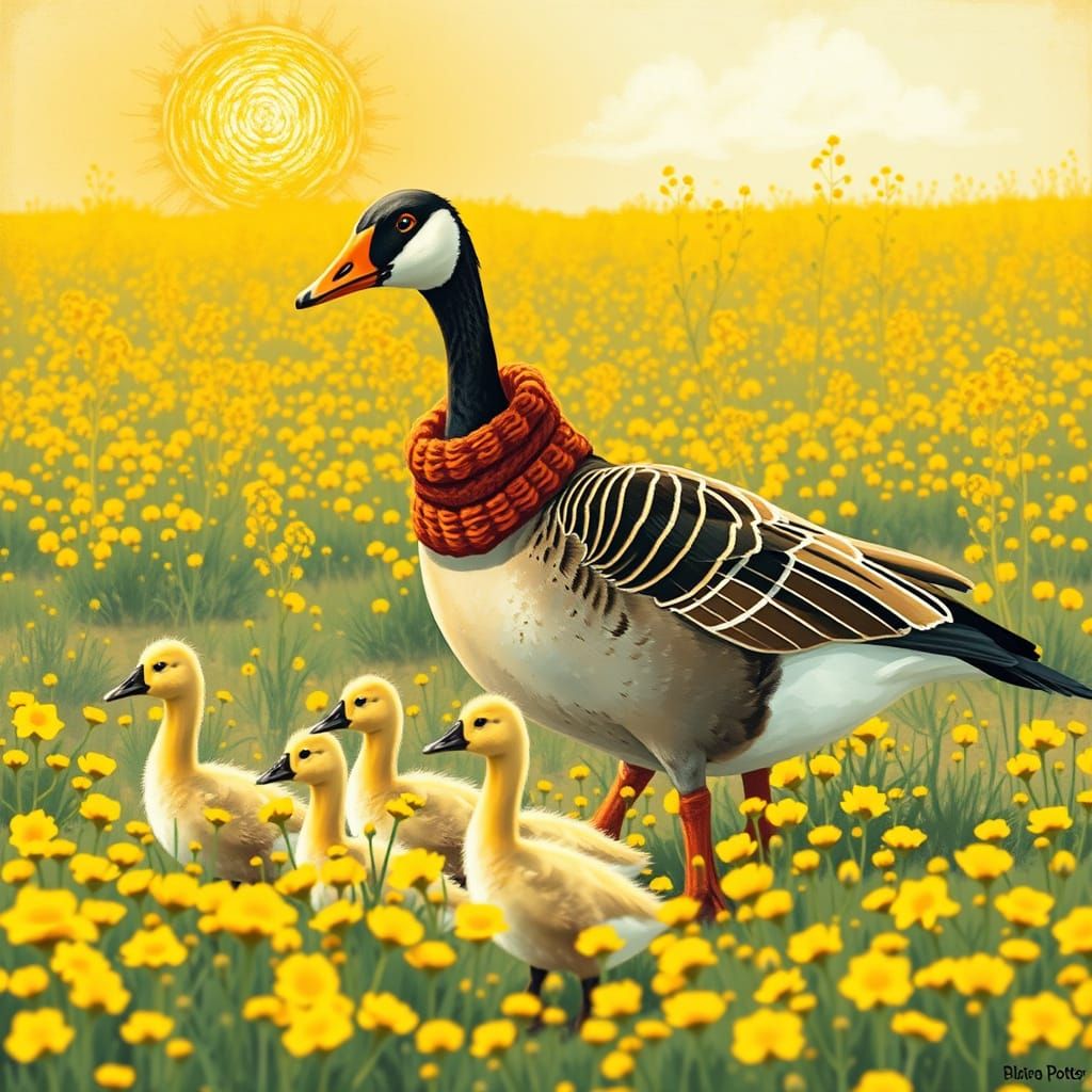 Mother Goose in Mustard Field, in Whimsical Watercolor Style
