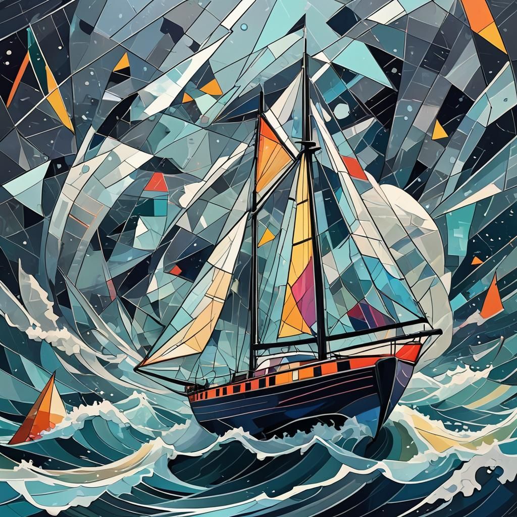 Glass Sailboat Navigating a Turbulent Storm in Cubist Style