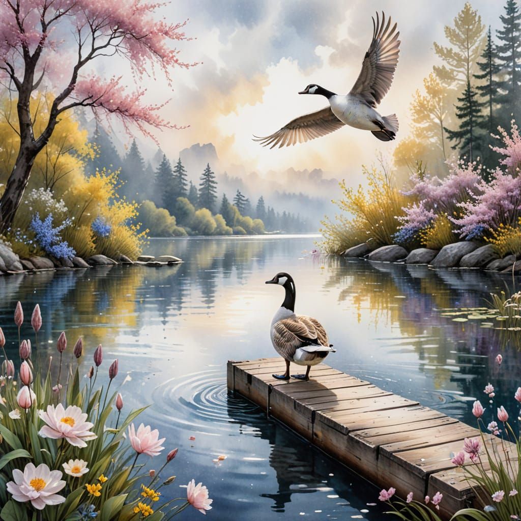lora:Mixing It Up:1.0 lora:Antique Watercolor 2:1.0
beautiful goose perfect proportions perfect composition in flight ov...