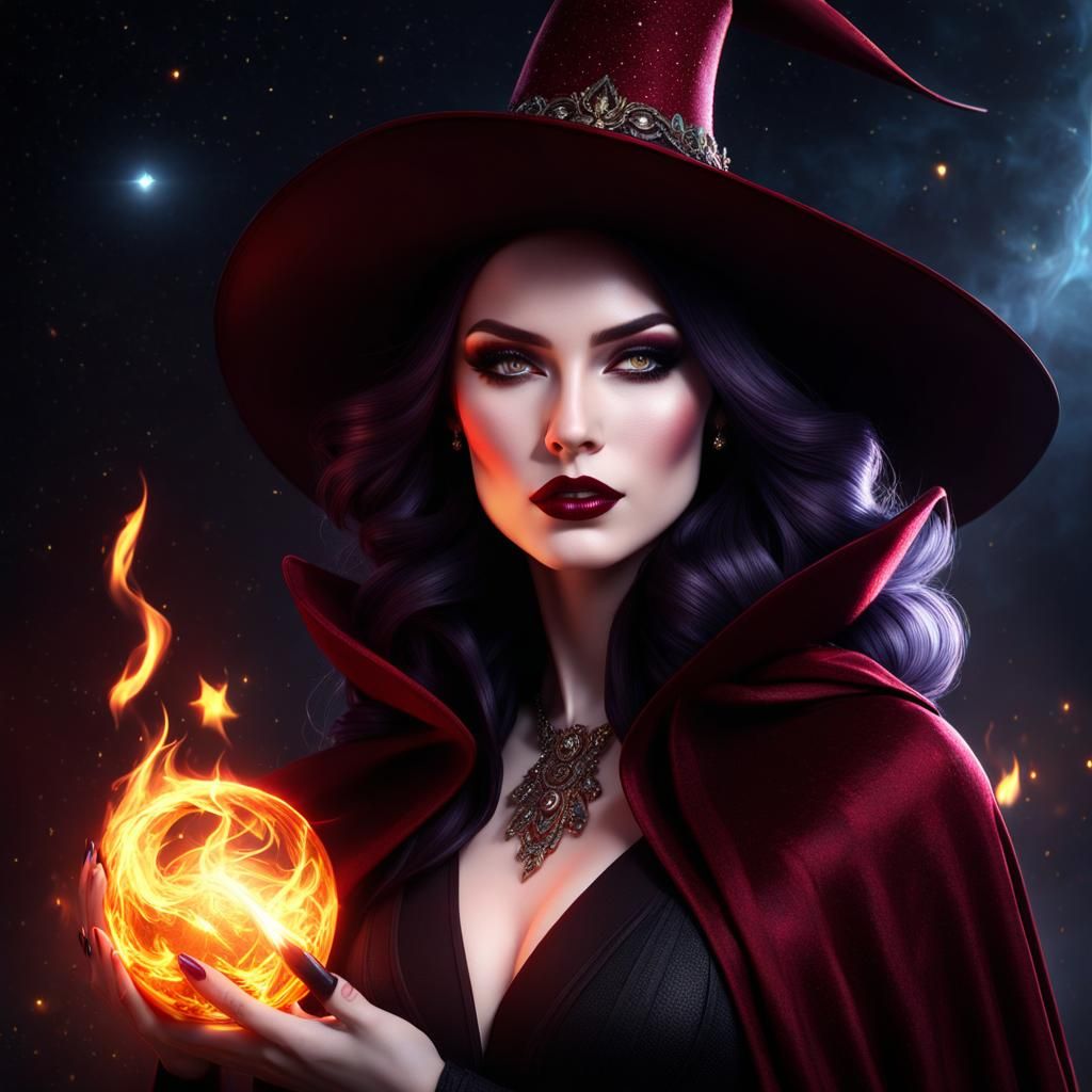 Stunning Witch with Crimson Cape and Fiery Orb