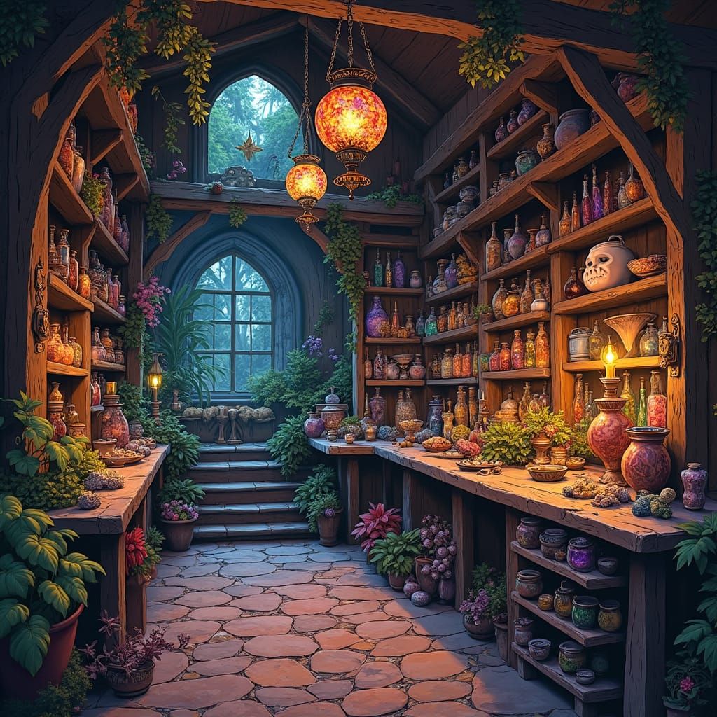 Magical Witch Shop with Iridescent Lamps