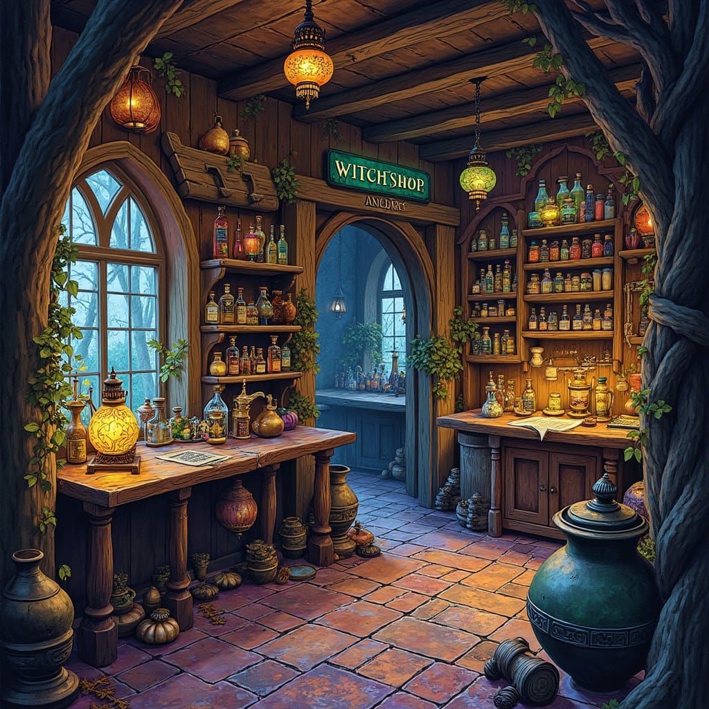 Magical Witch's Shop with Colorful Lamps