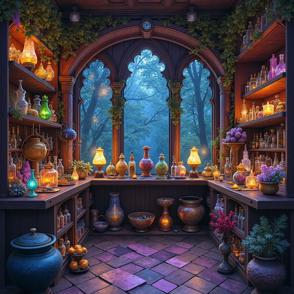 Magical Witch's Shop with Colorful Lamps and Artifacts
