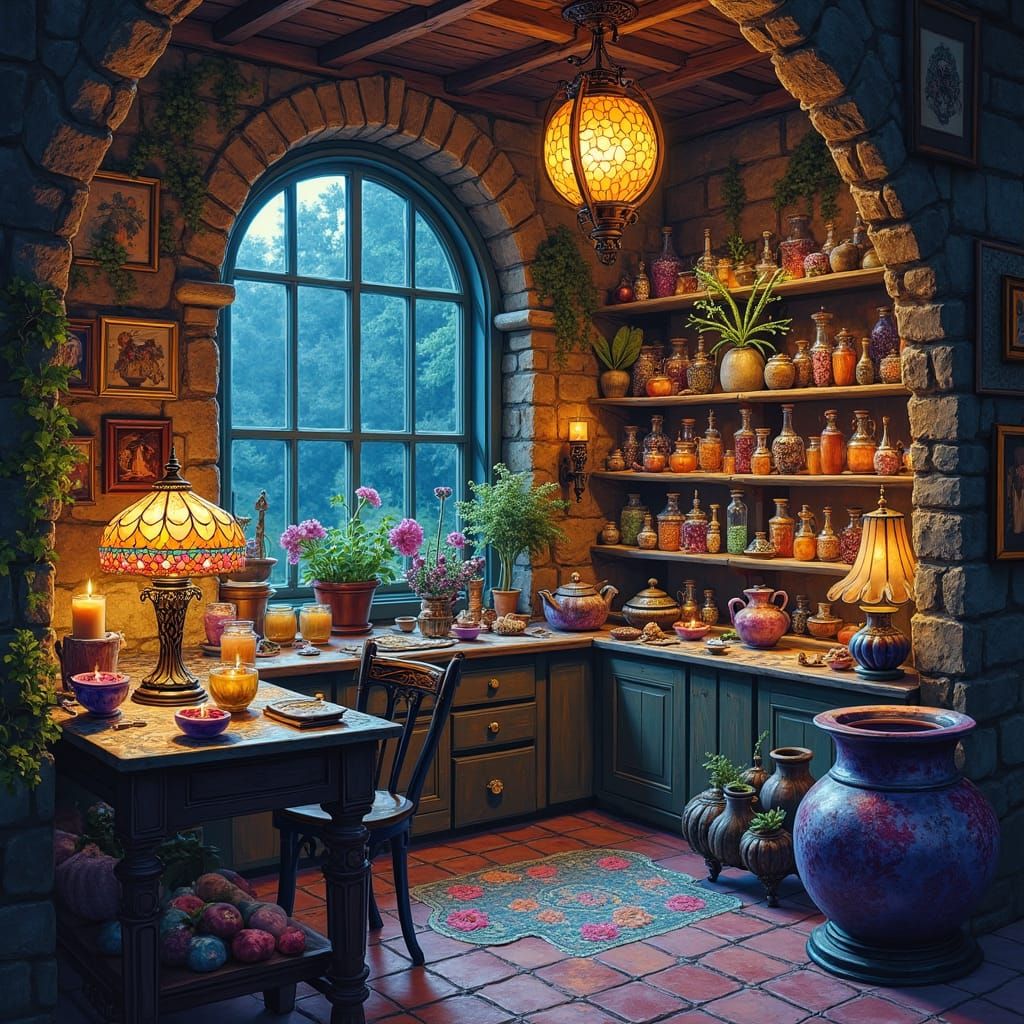 Magical Witch's Shop with Iridescent Lamps