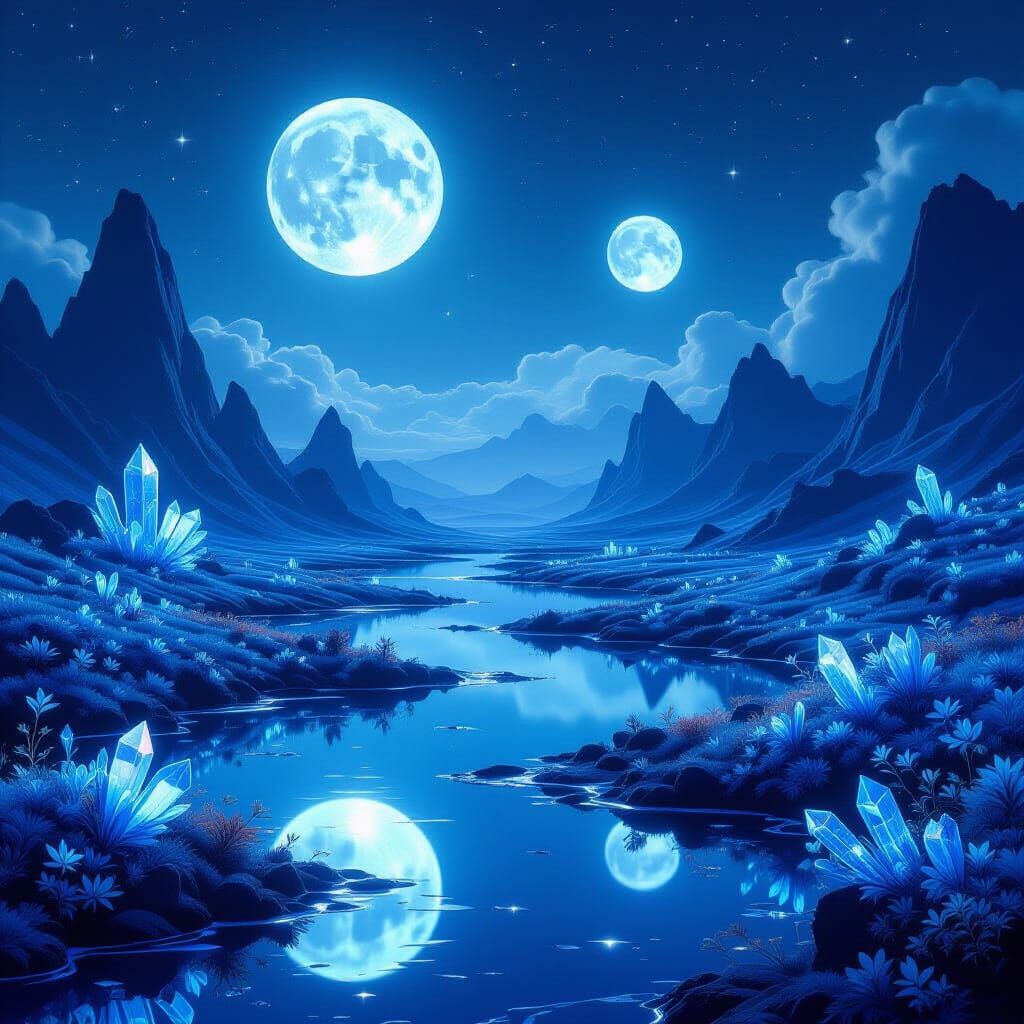 Surreal Twin Moon Landscape with Bioluminescent Flora