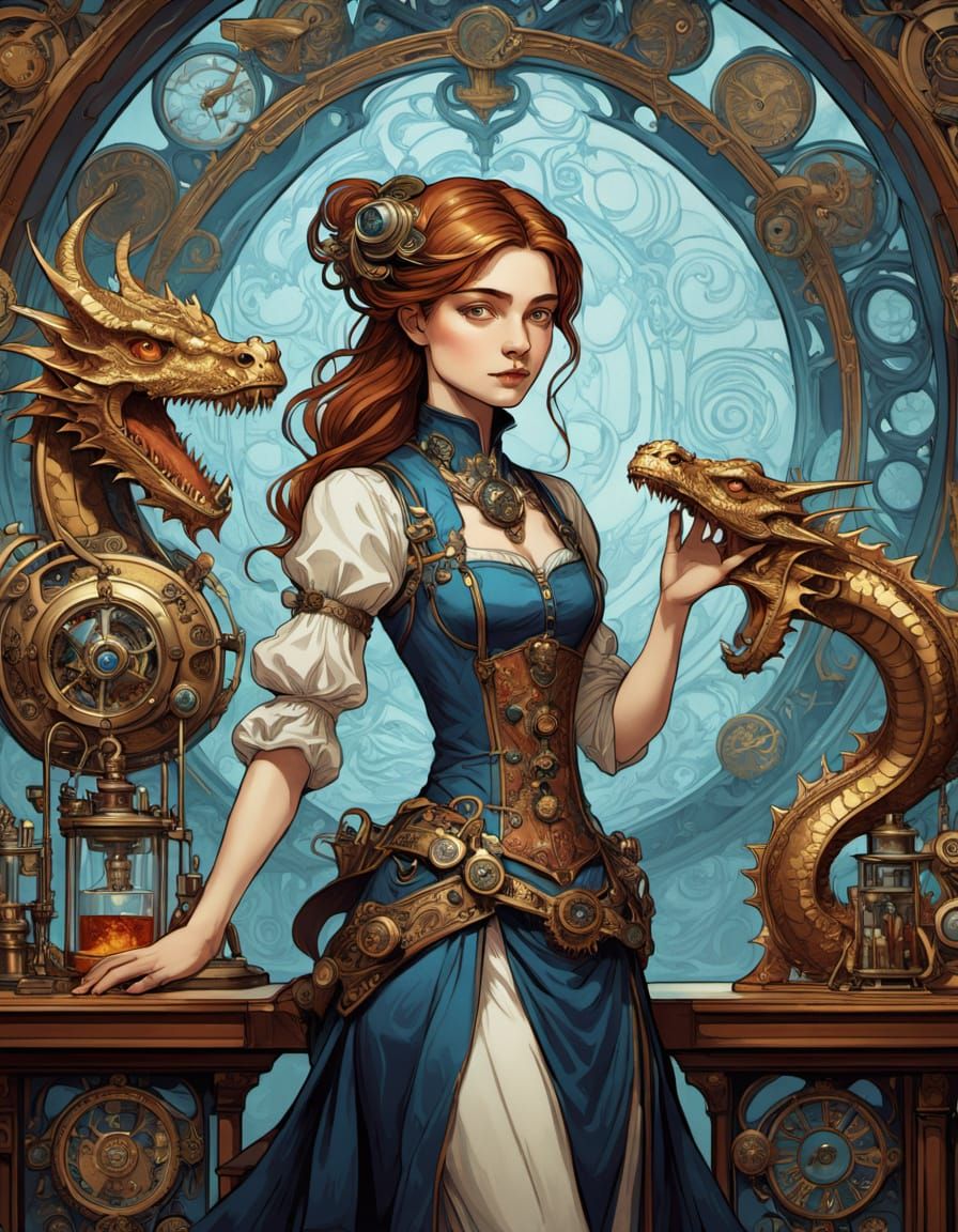 Steampunk Scientist and Automaton Dragon in Art Nouveau Styl...