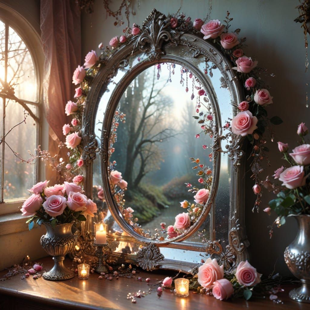 Ornate Mirror Reflecting Autumn Forest and River