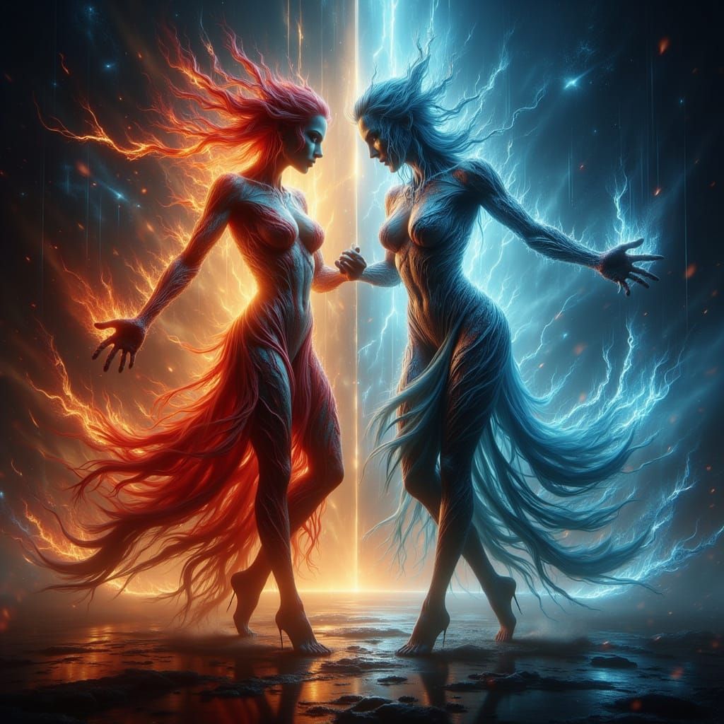 Surreal Cosmic Dance: Fire and Water Ladies Unite