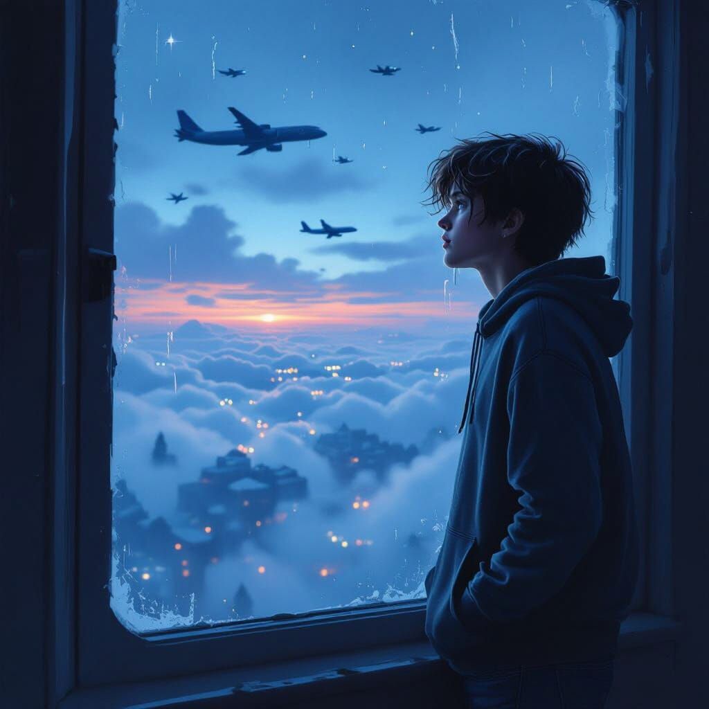 Teen Gazing at Airplanes in Misty Night Sky