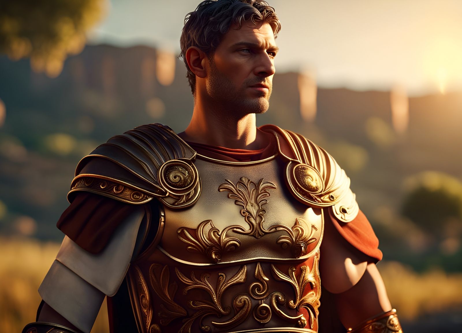 Regal Roman Centurion in Golden Hour Landscape