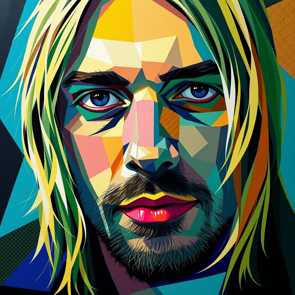 Cubist Portrait of Kurt Cobain in Neo-Cubism Style
