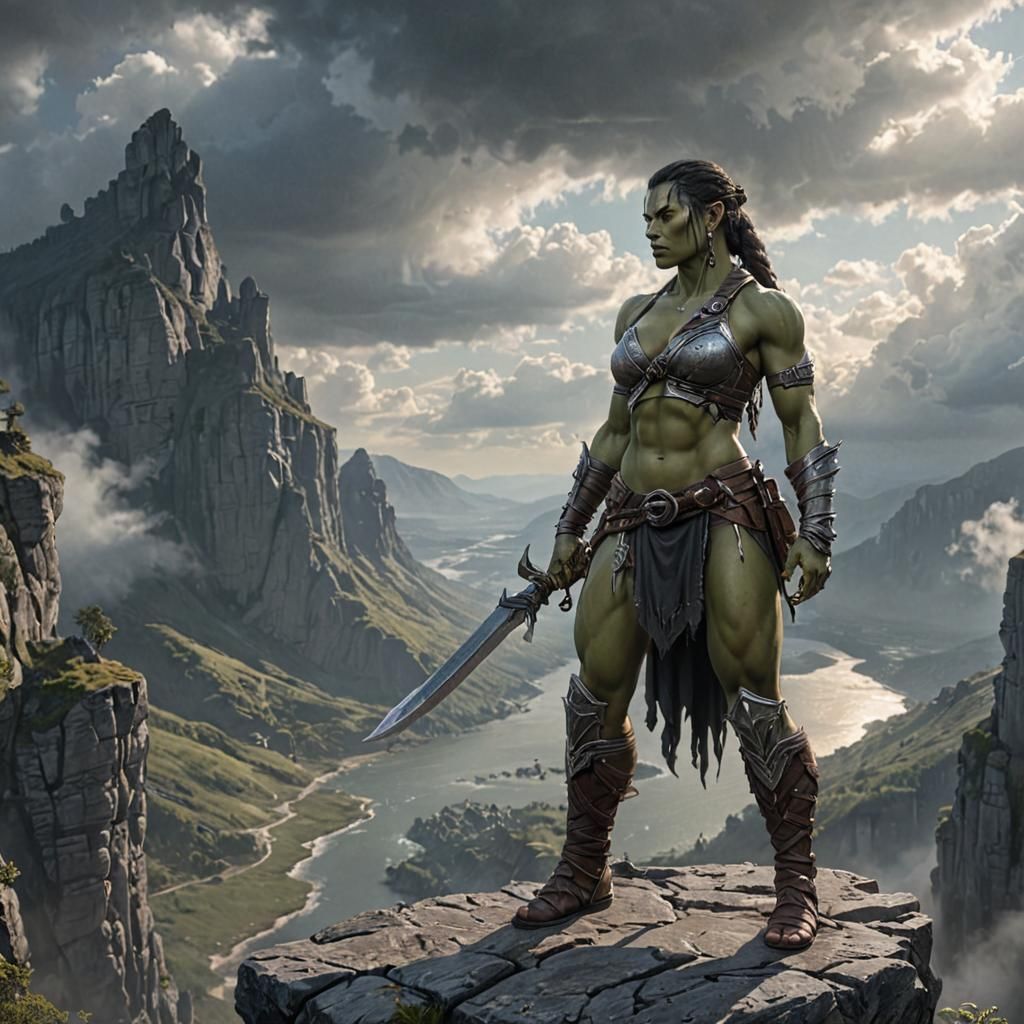 Female Orc Warrior with Fawn on Cliff