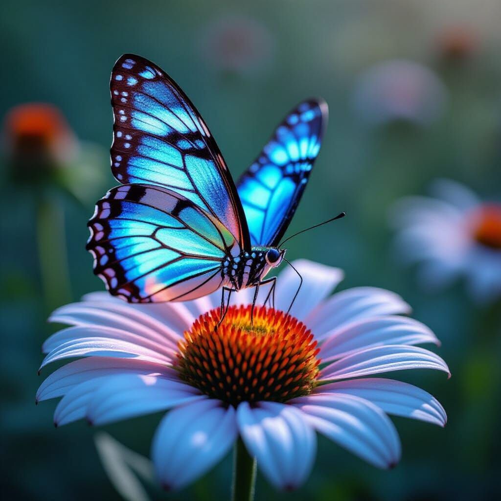 Chrome Butterfly on Bioluminescent Flower