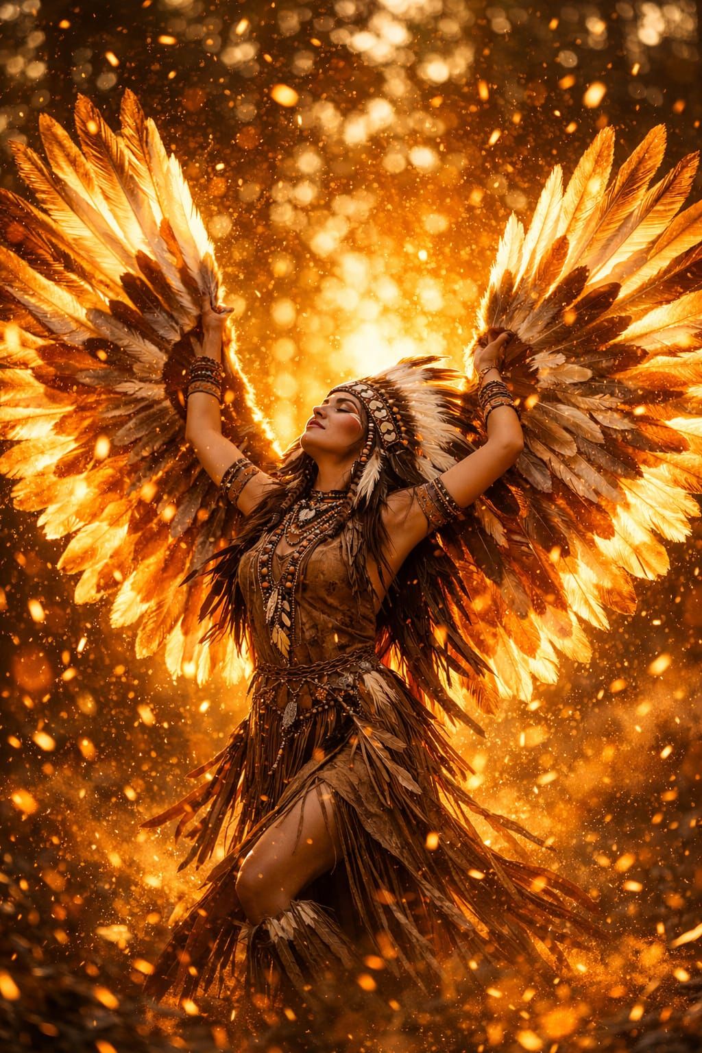Indigenous Woman's Fiery Dance in Golden Forest Light