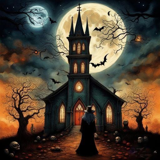 Gothic Cursed Church with Sorceress and Bats