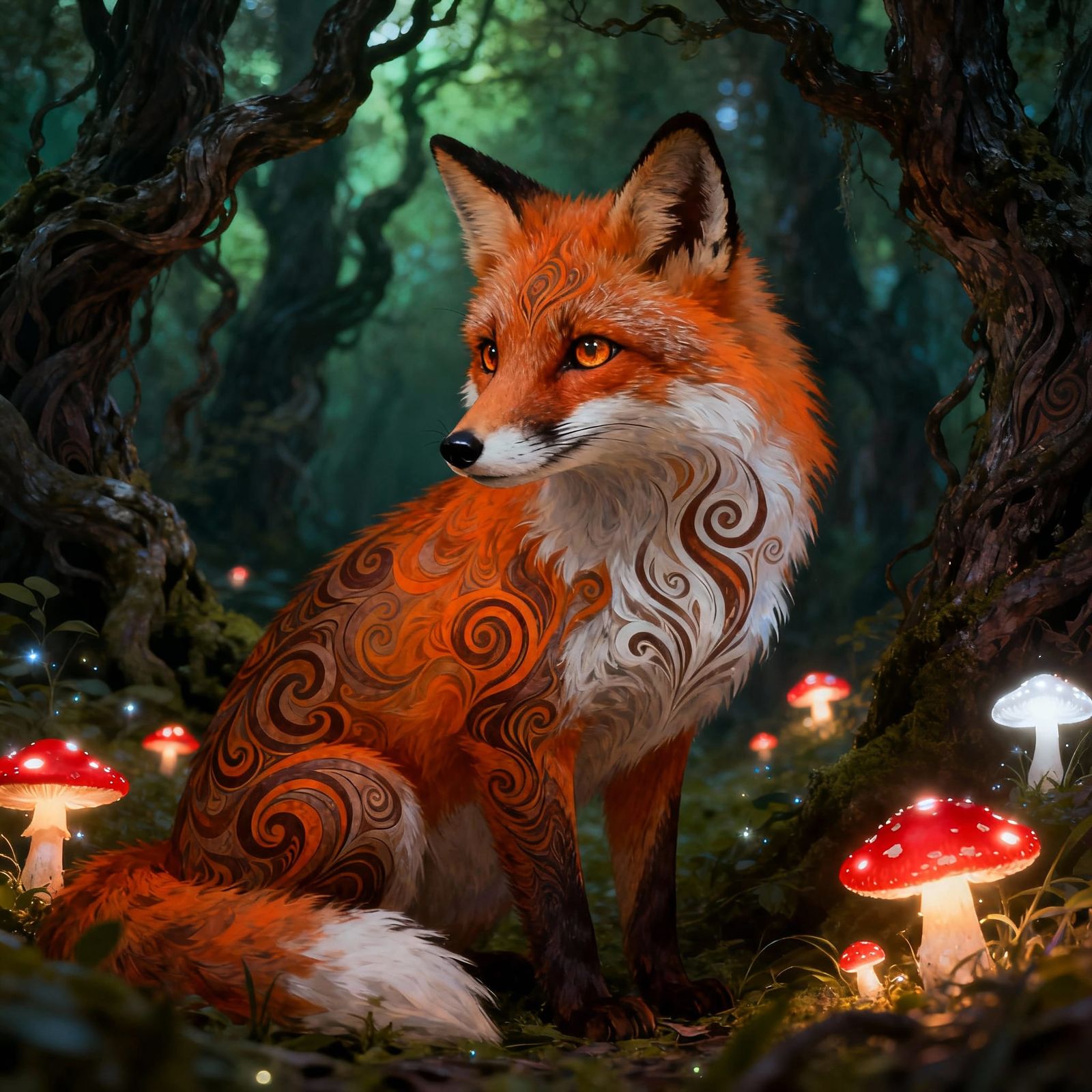 Stylized Fox in Mystical Forest with Glowing Mushrooms