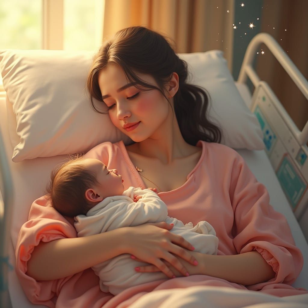 Radiant Mother and Child in Soft Hospital Glow