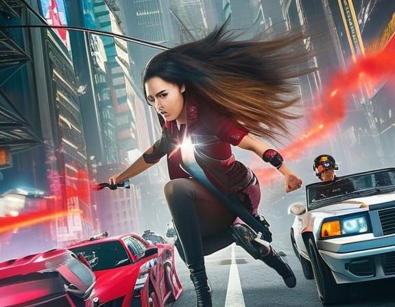 Dystopian Chase Scene in Street Art Style