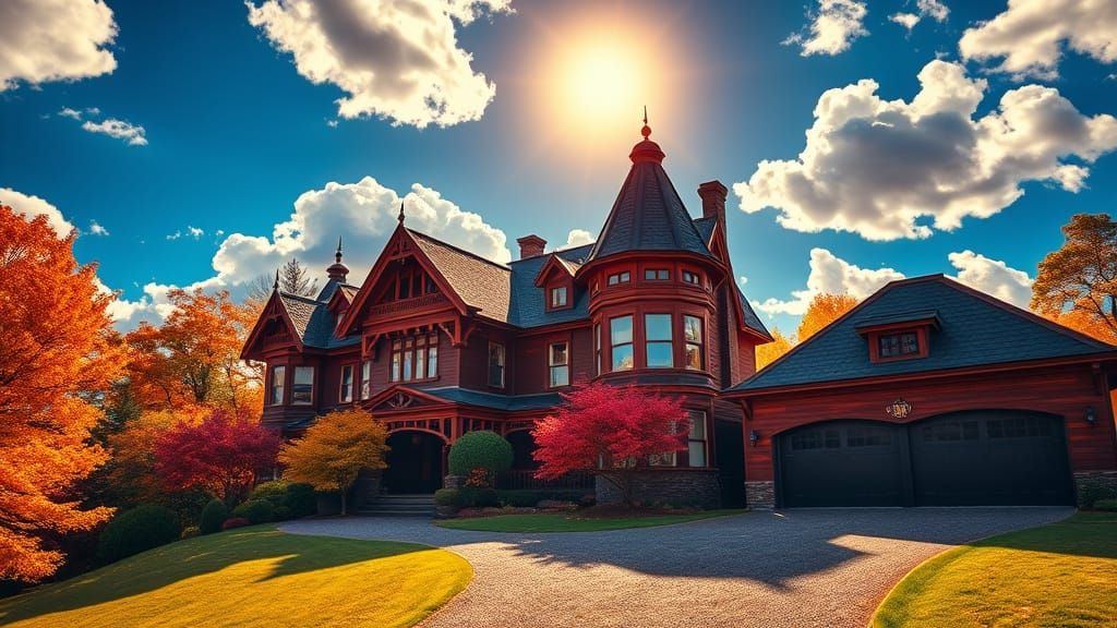 Surrealist Victorian Mansion Amidst Vibrant Autumn Landscape