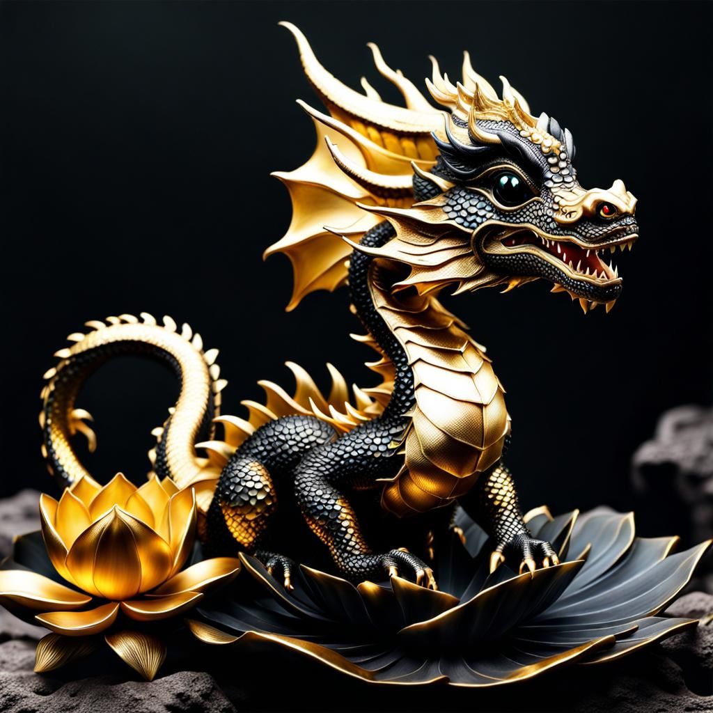 Chinese baby dragon gold and black on a lotus flower