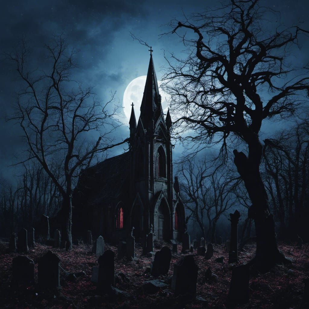 Gothic Church in Moonlight, Abandoned in Forest
