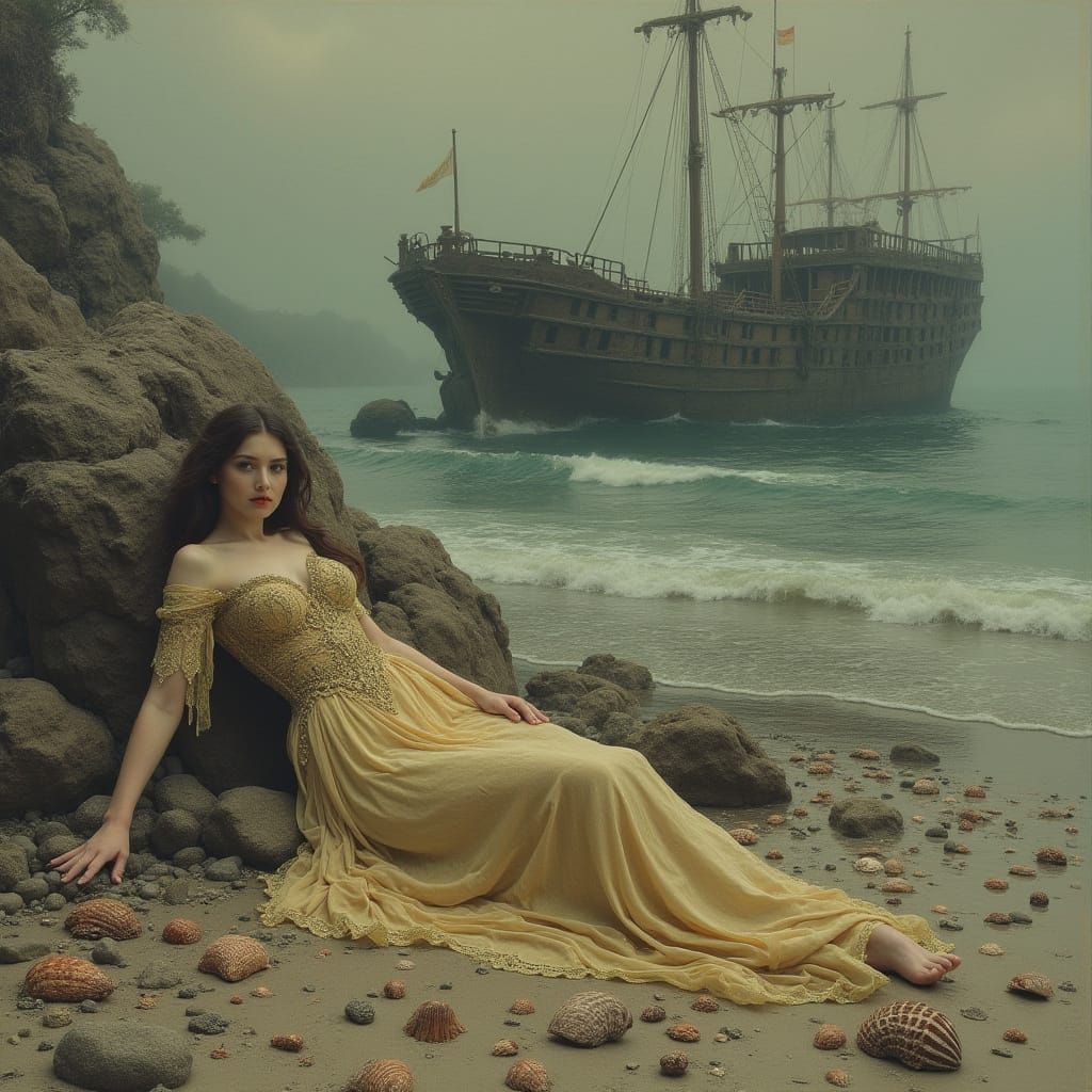 Mystical Beach Scene in Art Nouveau Style