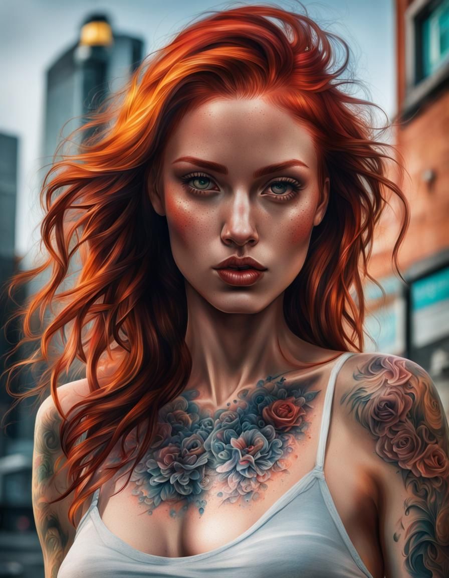 Redhead Girl with Tattoo in Splash Art Style