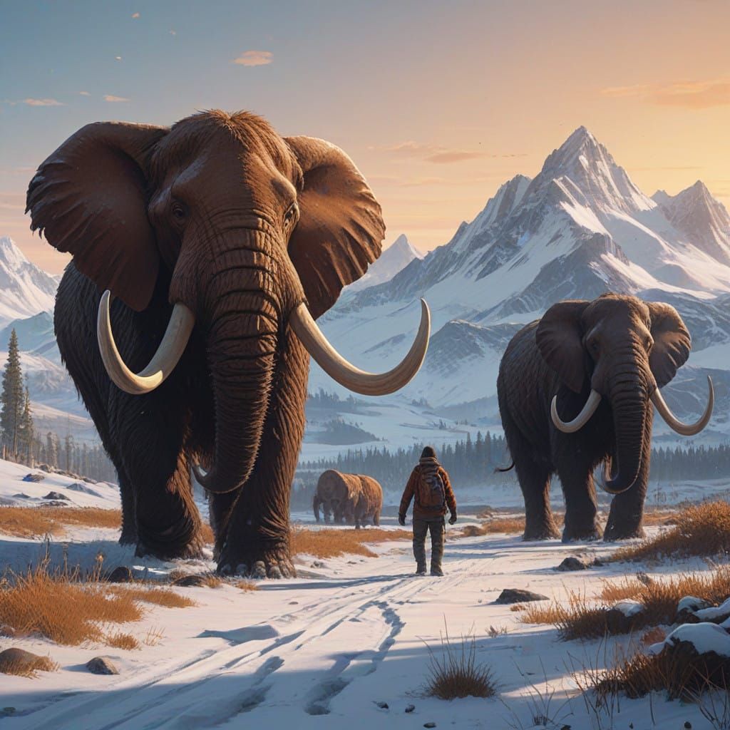Majestic Mammoths Trek Through Snowy Wonderland at Dawn